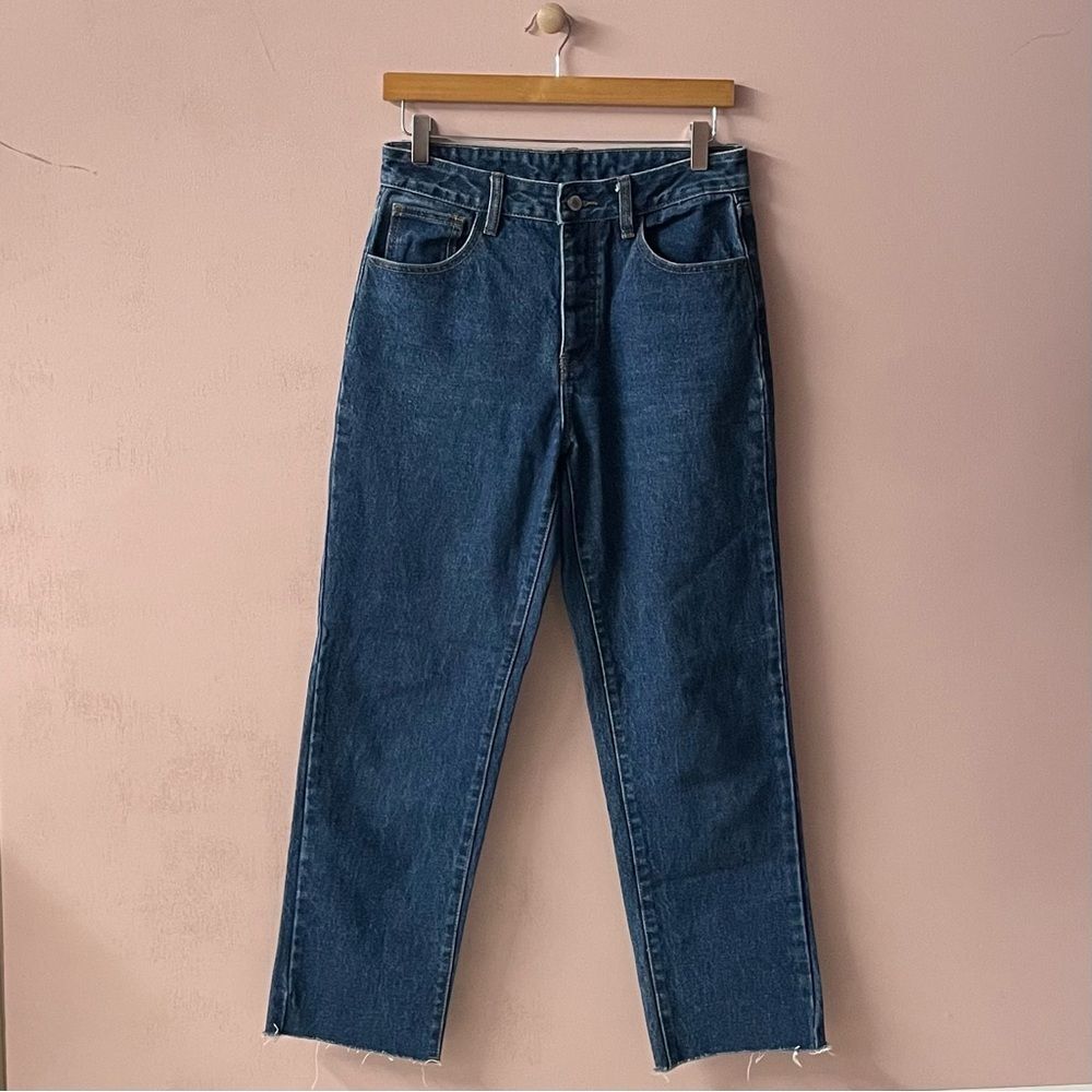 J. Galt PacSun Medium-Dark Wash Blue Hi Rise Straight Leg Raw Hem Jeans Sz L EUC